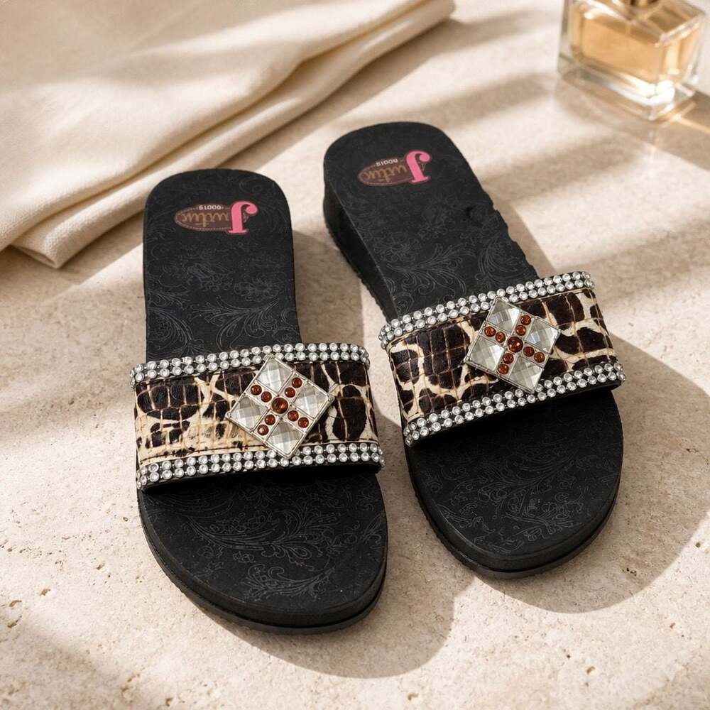 Justin Boots Women's Size 7 Animal Print Rhinestone Slide Sandals